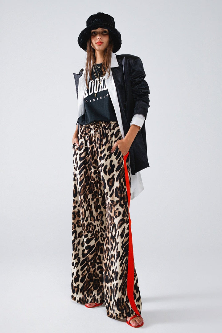 Q2 Pants Small Perli Leopard Straight Pants With Red Stripes