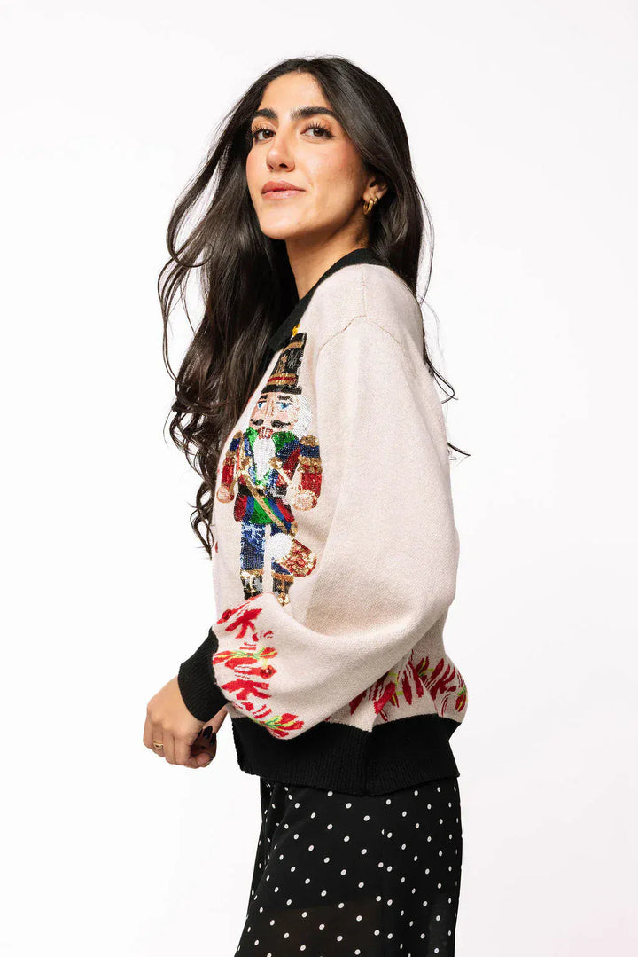 Queen of Sparkles Cardigan Black Trim Collar Nutcracker & Candy Cane Button Up Cardigan