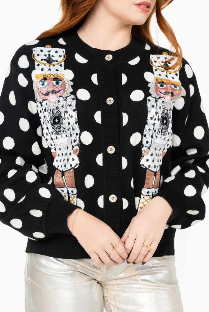 Queen of Sparkles Cardigan Black &amp; White / XS Polka Dot Nutcracker in QOS Button Up Cardigan