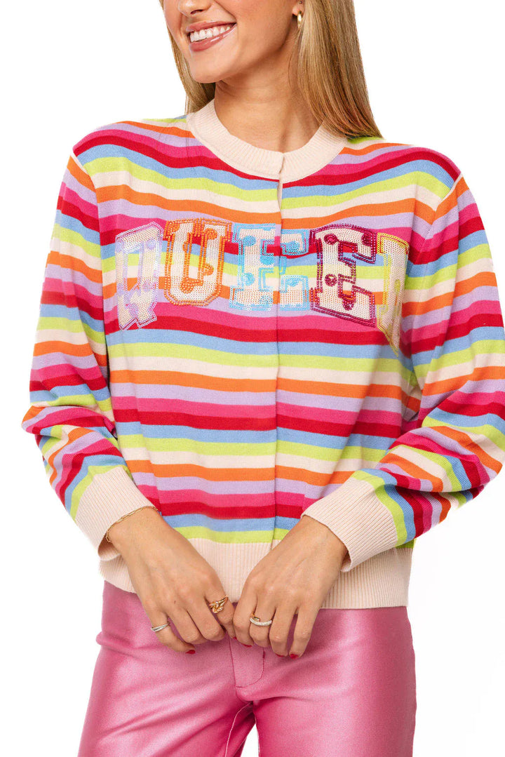 Multi-colored striped polka dot Queen of Sparkles button-up cardigan, XS size, stylish and cozy women&