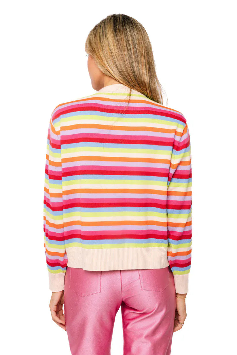 Striped polka dot Queen of Sparkles button-up cardigan with a classic fit, featuring bold stripes and playful polka dot details.