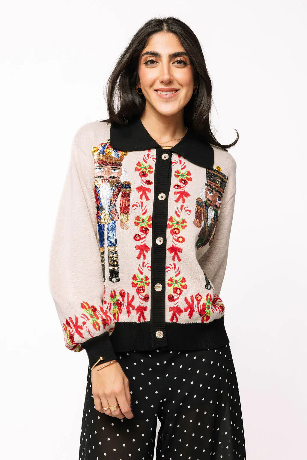 Queen of Sparkles Cardigan White / XS Black Trim Collar Nutcracker & Candy Cane Button Up Cardigan