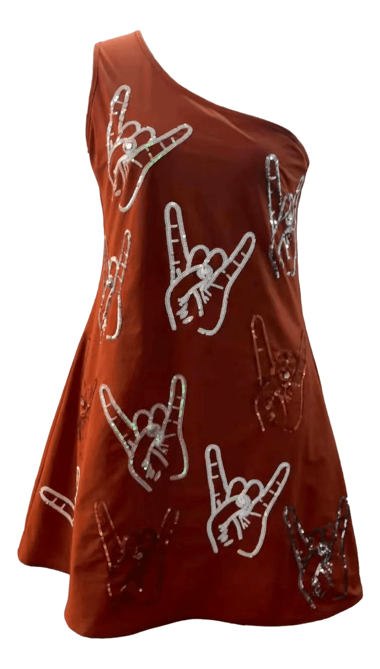 Queen of Sparkles Dress Burnt Orange / XS Horns Hands One Shoulder Dress