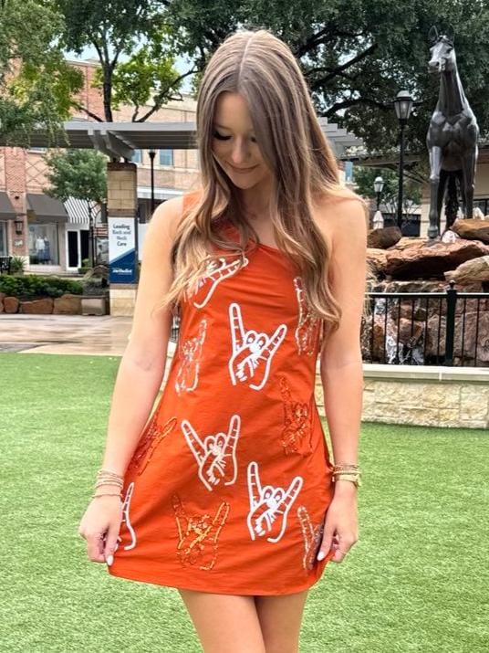 Queen of Sparkles Dress Burnt Orange / XS Horns Hands One Shoulder Dress