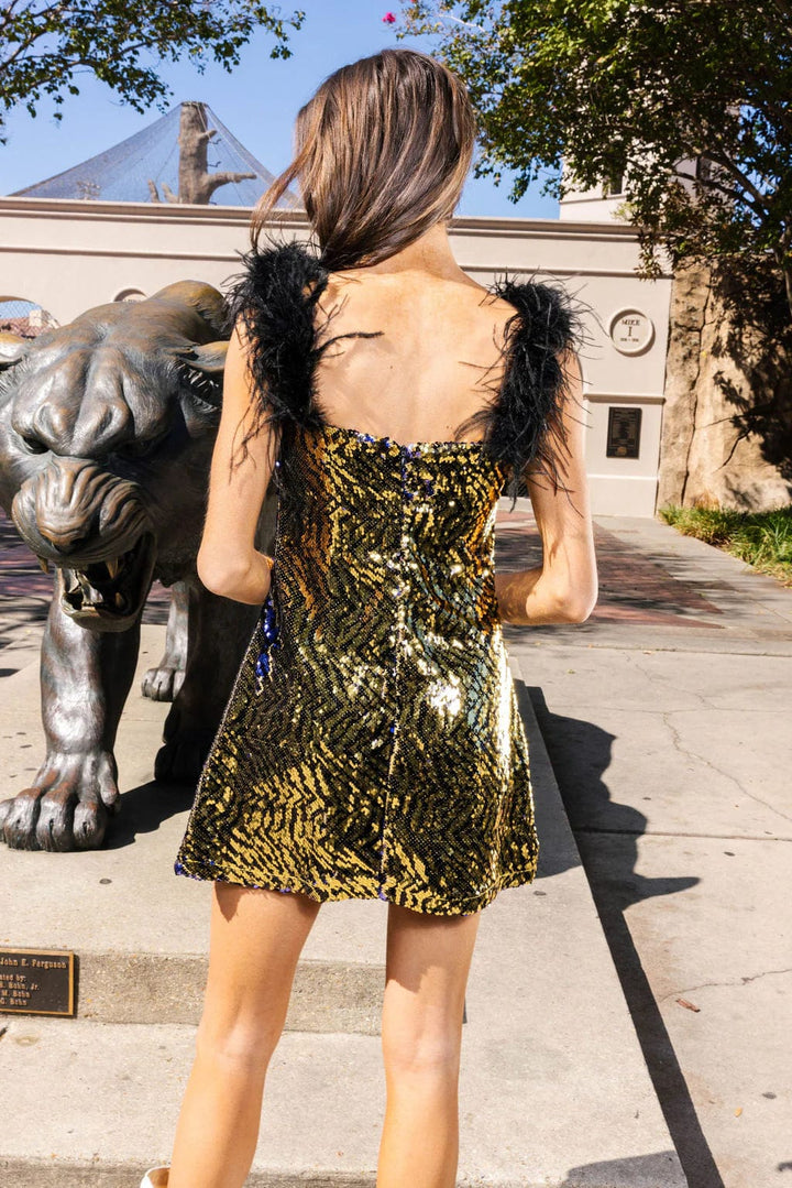 Queen of Sparkles Dress Gold & Black Tiger Sequin Feather Tank Dress