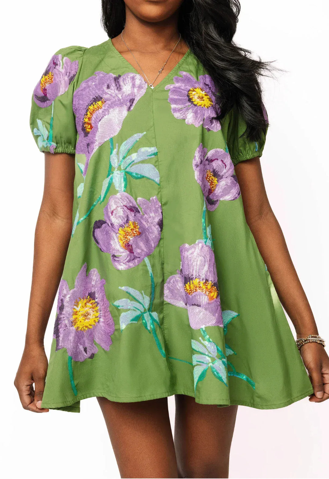 Queen of Sparkles Dress Green / XS Poof Sleeve Flower Cotton Dress