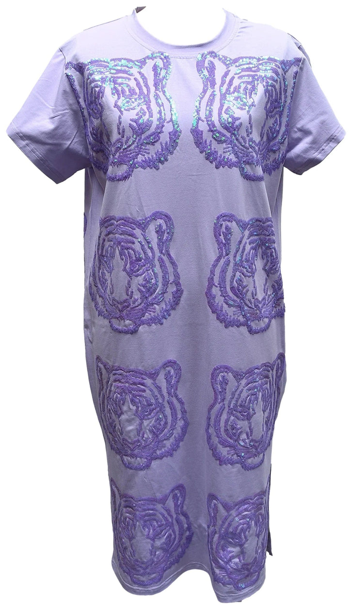 Queen of Sparkles Dress Lavender / XS Lavender Sequin Tiger Face Midi Tee Dress