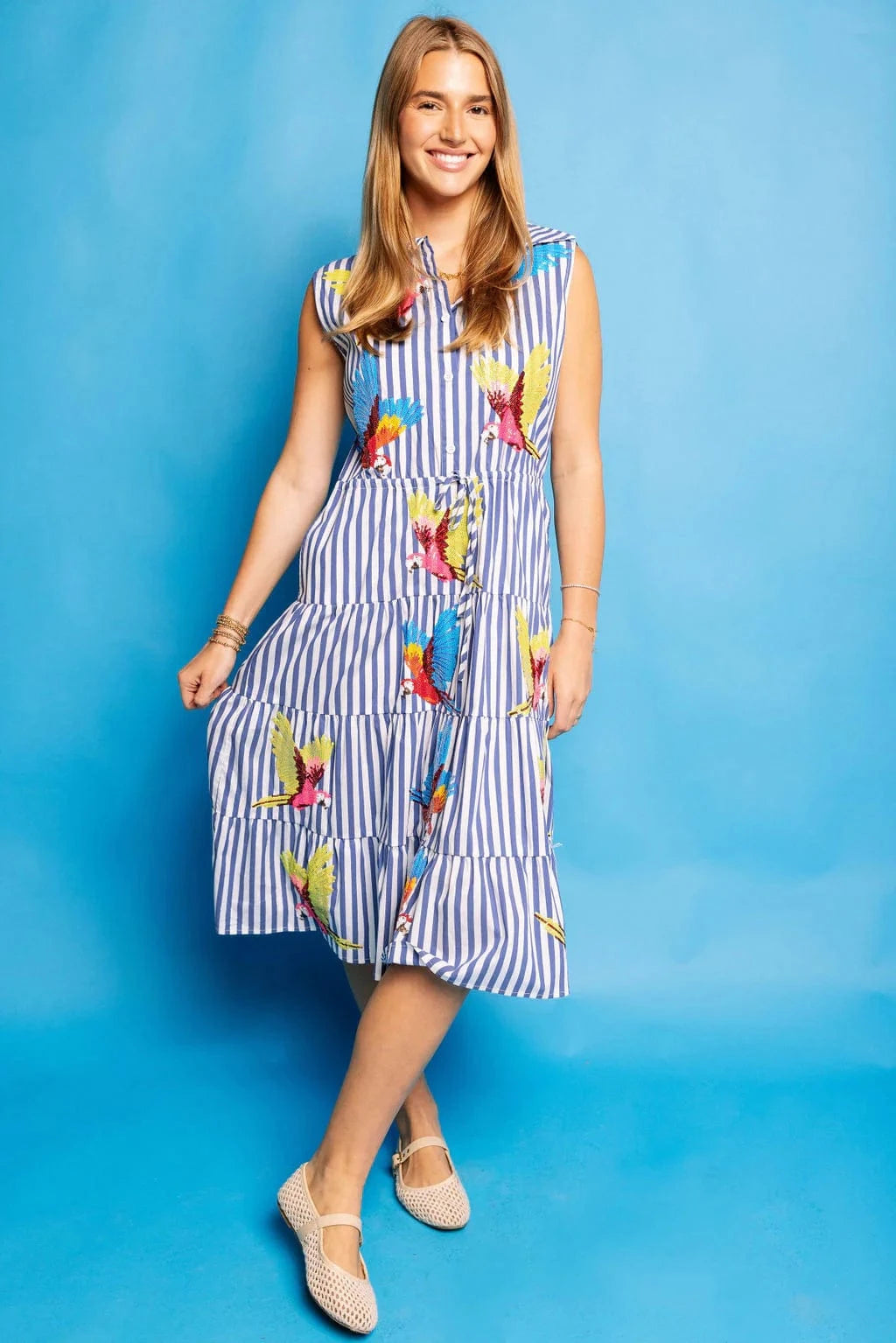 Queen of Sparkles Dress Navy/White / XS Navy and White Stripe Multi Parrot Tie Midi Dress