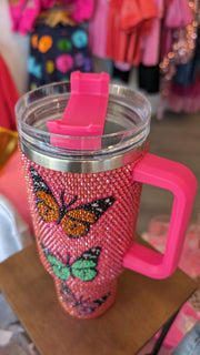 Queen of Sparkles Drinkware Pink Butterfly Rhinestone Tumbler