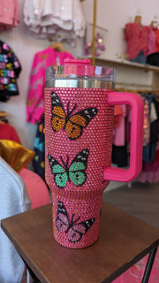 Queen of Sparkles Drinkware Pink Butterfly Rhinestone Tumbler
