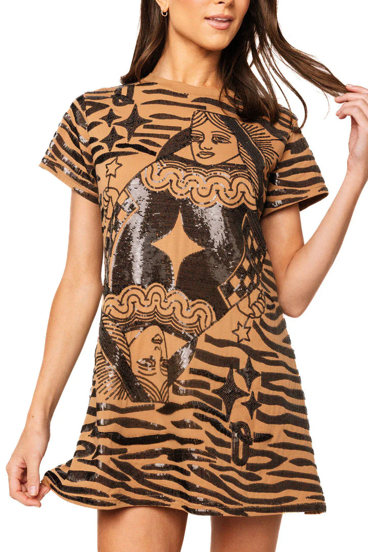 Queen of Sparkles Mini Dress Brown / XS Tiger QOS Card Logo Tee Dress