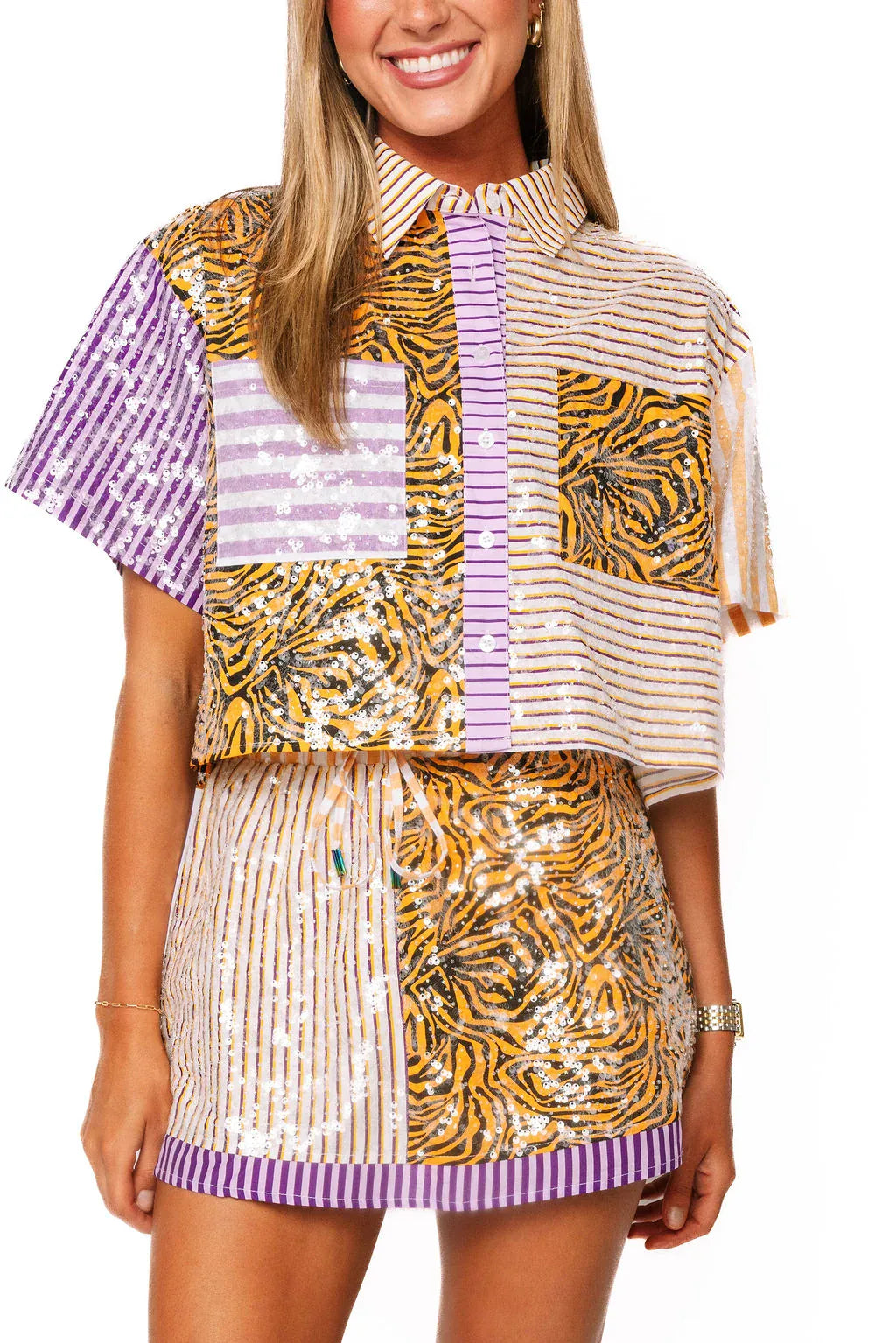 Queen of Sparkles Mini Skirt Tiger Colorblock Sequin Skirt