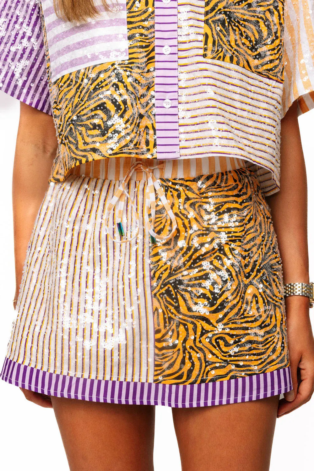 Queen of Sparkles Mini Skirt Tiger Colorblock Sequin Skirt