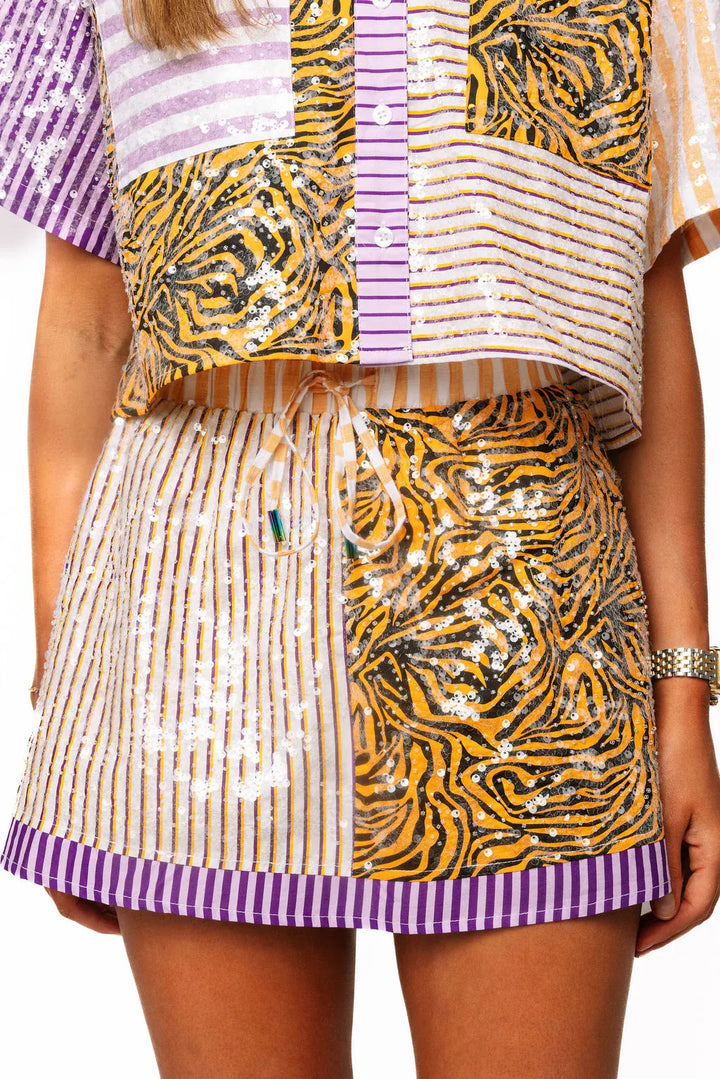 Queen of Sparkles Mini Skirt Tiger Colorblock Sequin Skirt
