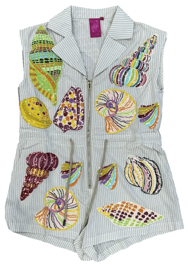 Queen of Sparkles Romper Tan Stripe Multi Shell Tie Collar Romper