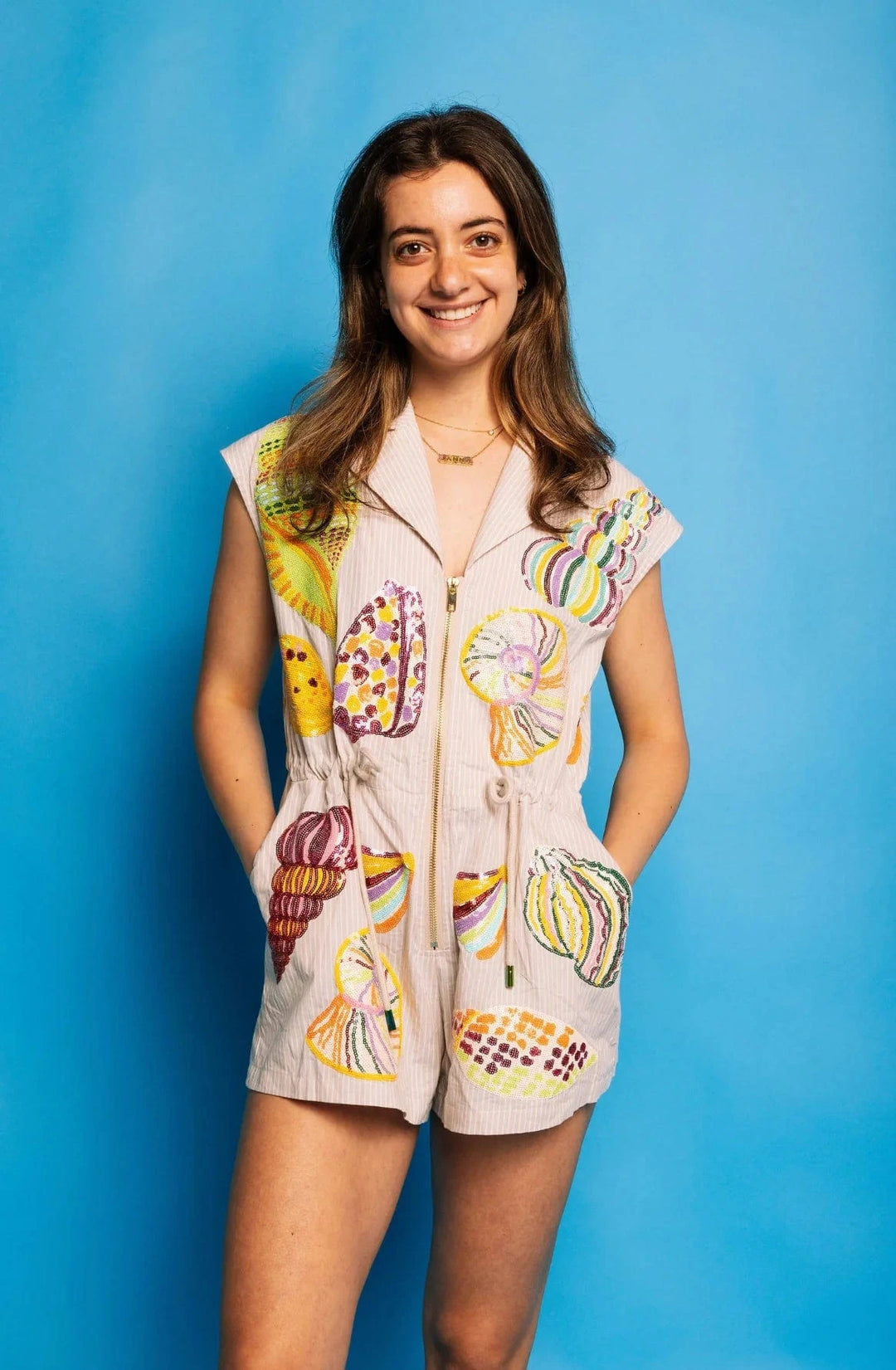 Queen of Sparkles Romper Tan / White / XS Tan Stripe Multi Shell Tie Collar Romper