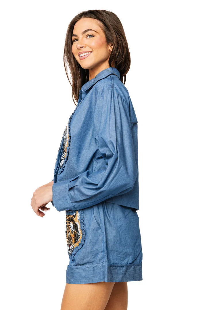 Queen of Sparkles Shorts Denim Cotton Ruffle Tiger Patch Short