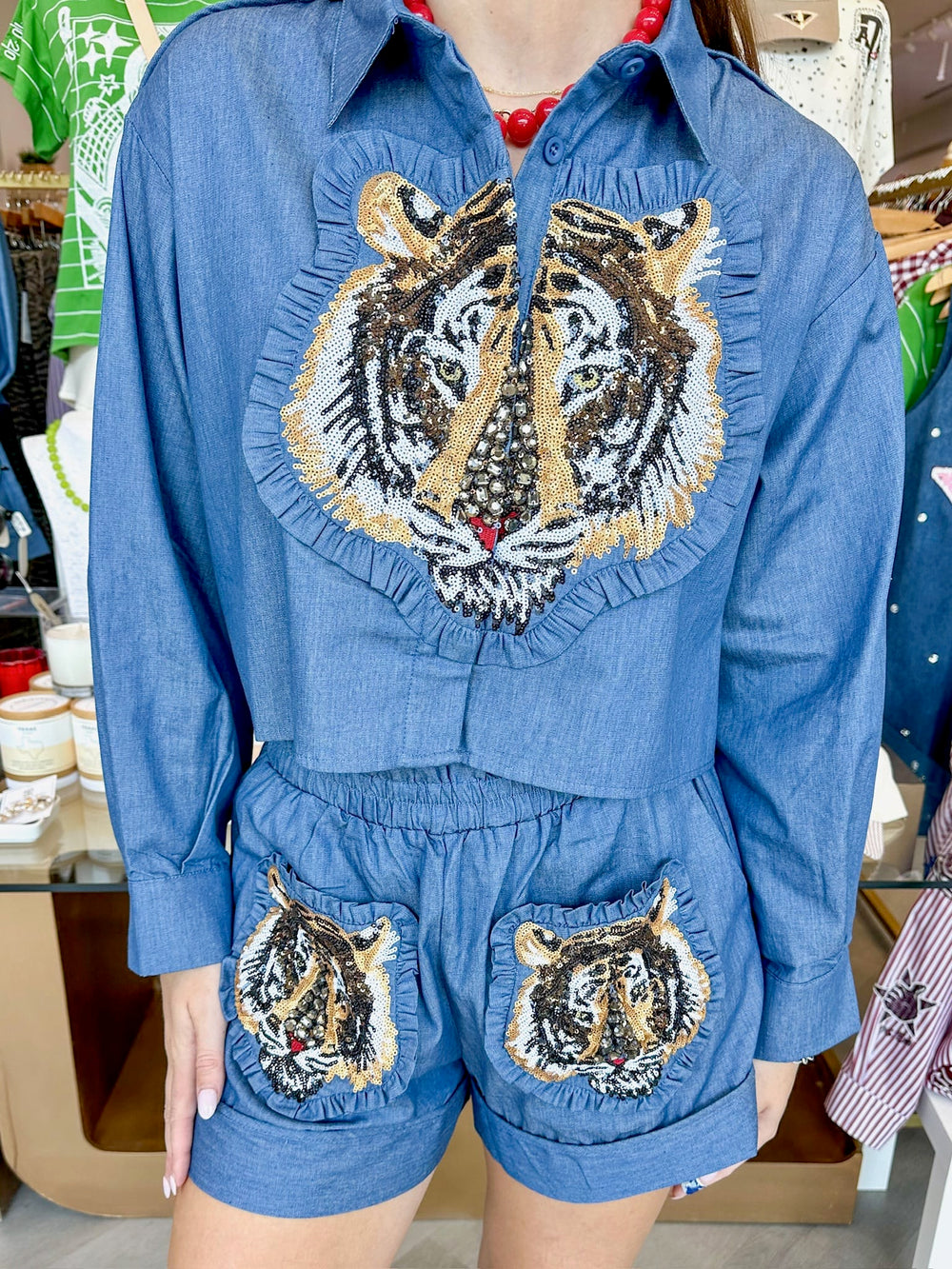 Queen of Sparkles Shorts Denim Cotton Ruffle Tiger Patch Short