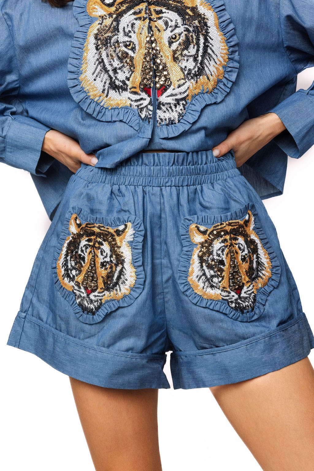 Queen of Sparkles Shorts Denim / XS Denim Cotton Ruffle Tiger Patch Short