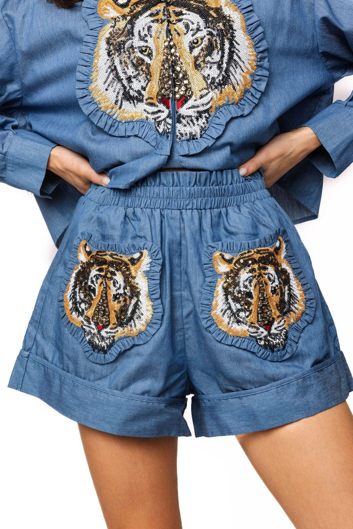 Queen of Sparkles Shorts Denim / XS Denim Cotton Ruffle Tiger Patch Short