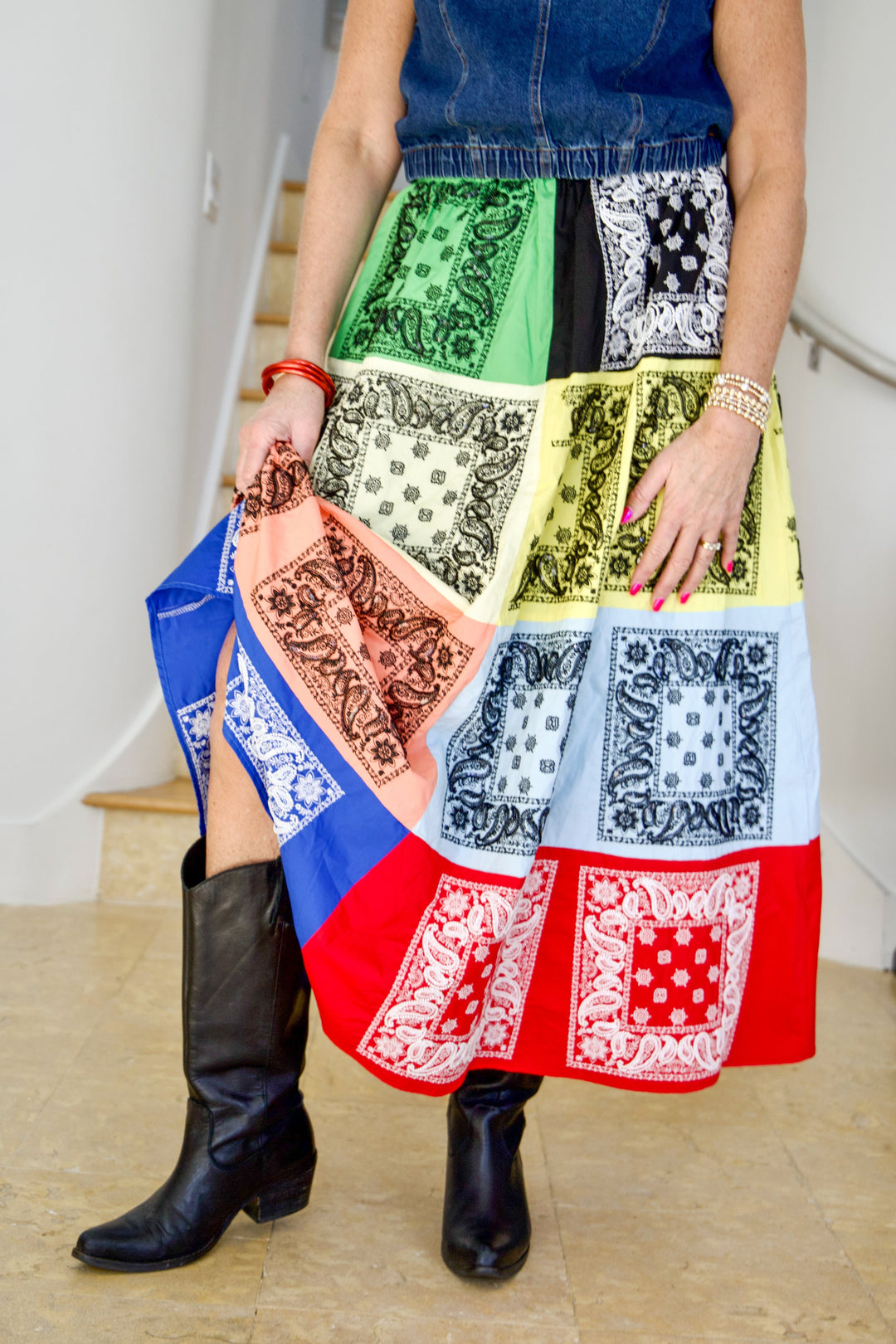 Multi Bandana Cotton Midi Skirt - Teal Poppy