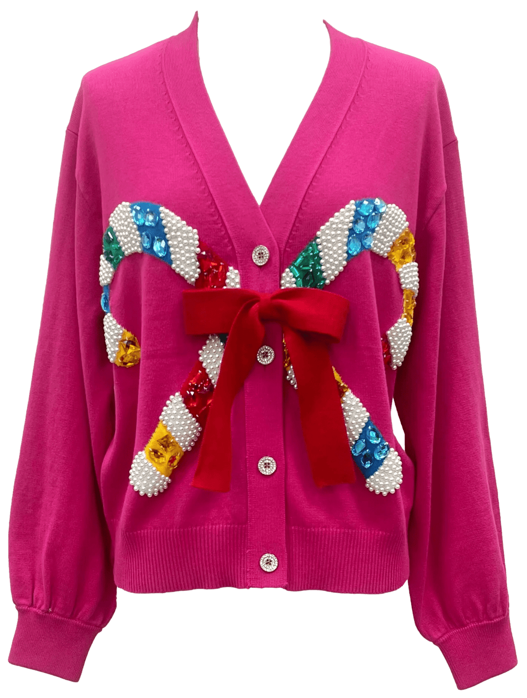 Queen of Sparkles Sweater Pink / XS Cardigan With Candy Cane and Bow