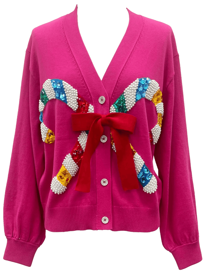 Queen of Sparkles Sweater Pink / XS Cardigan With Candy Cane and Bow