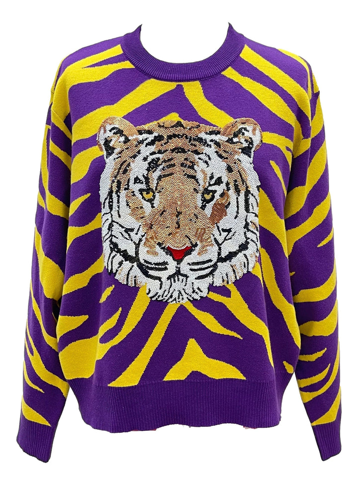 Queen of Sparkles Sweater Purple & Yellow / XS Tiger Head Long Sleeve Sweater