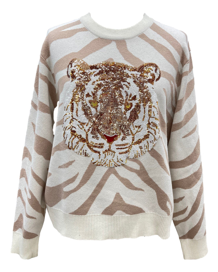 Queen of Sparkles Sweater White & Tan / XS Tiger Head Long Sleeve Sweater