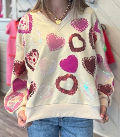 Queen of Sparkles Sweatshirt Beige / XS Multi Doily Heart V-Neck Sweatshirt