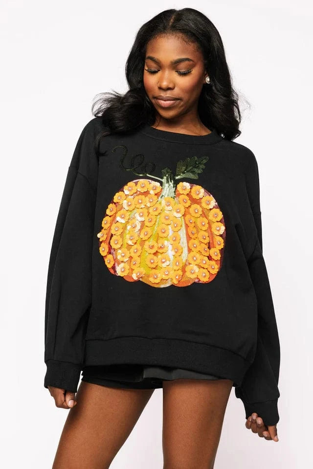 Queen of Sparkles Sweatshirt Black & Orange Flower Sequin Pumpkin Sweatshirt