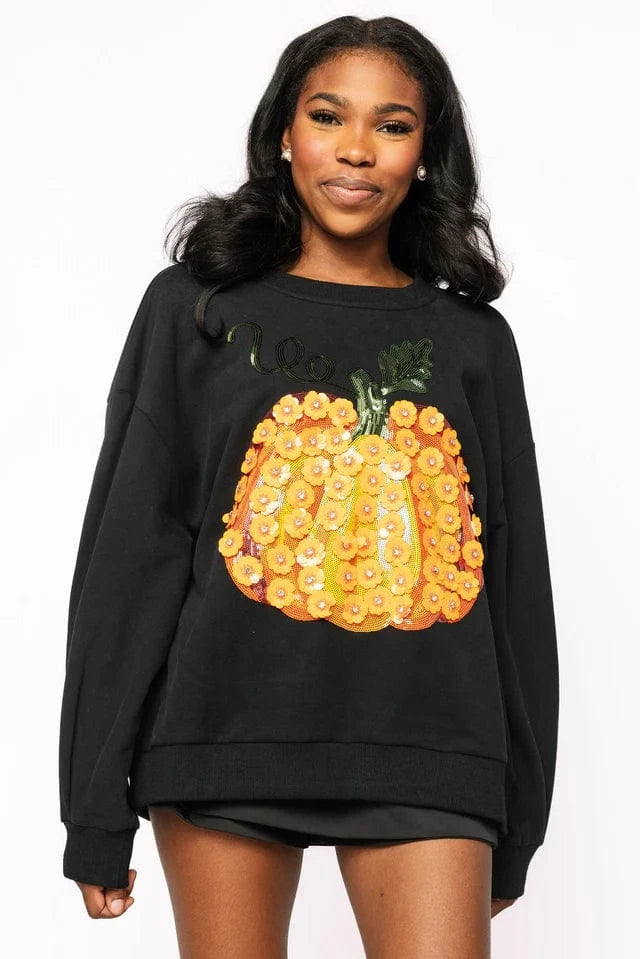 Queen of Sparkles Sweatshirt Black & Orange Flower Sequin Pumpkin Sweatshirt
