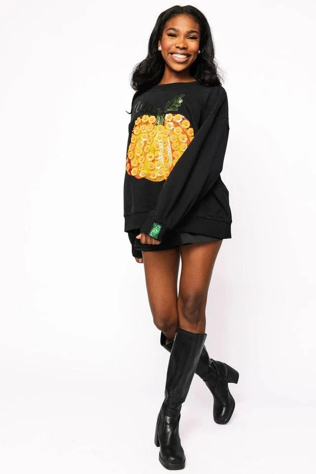 Queen of Sparkles Sweatshirt Black & Orange Flower Sequin Pumpkin Sweatshirt