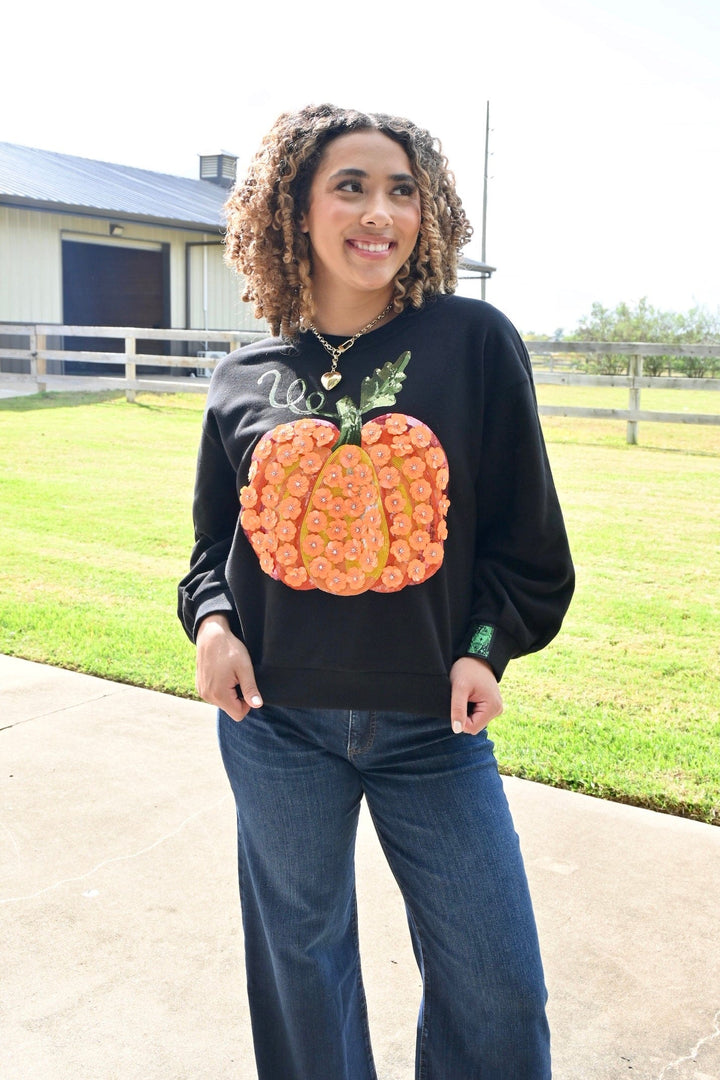Queen of Sparkles Sweatshirt Black &amp; Orange Flower Sequin Pumpkin Sweatshirt