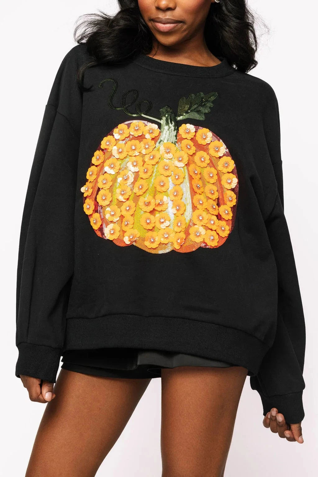 Queen of Sparkles Sweatshirt Black / XS Black & Orange Flower Sequin Pumpkin Sweatshirt