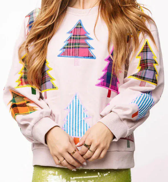 Queen of Sparkles Sweatshirt Light Pink Multi Plaid & Stripe Christmas Tree Sweatshirt