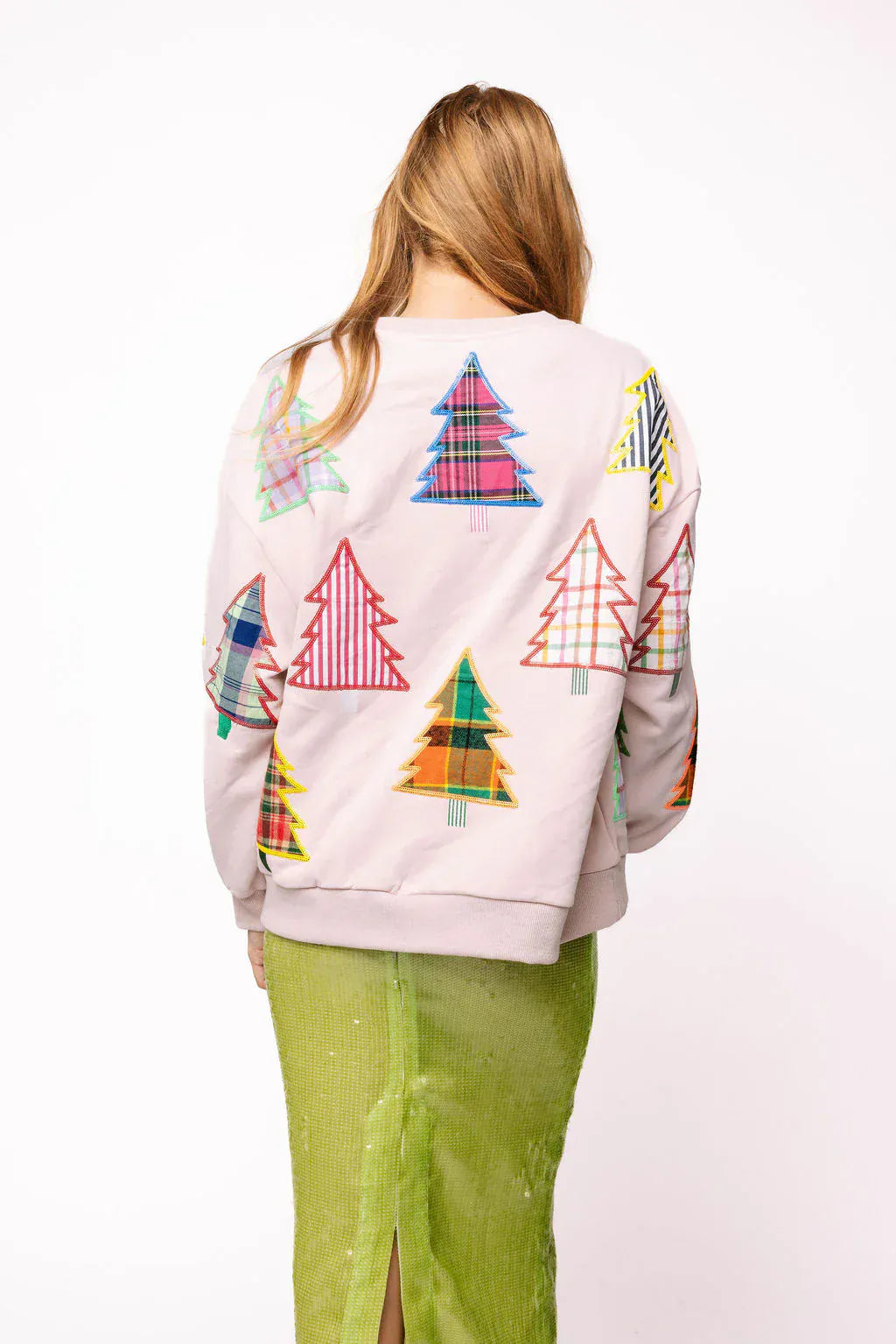 Queen of Sparkles Sweatshirt Light Pink Multi Plaid & Stripe Christmas Tree Sweatshirt