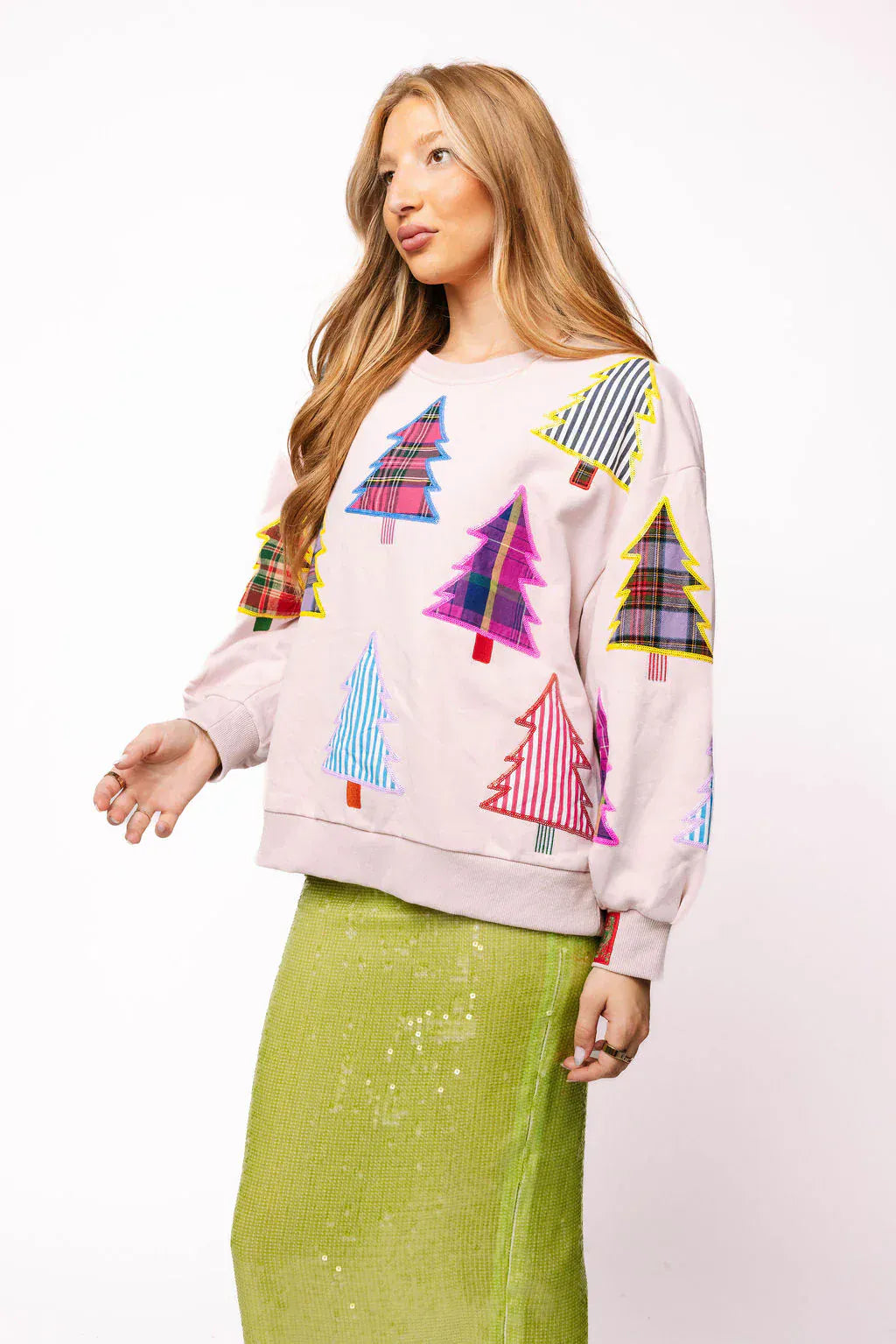 Queen of Sparkles Sweatshirt Light Pink Multi Plaid & Stripe Christmas Tree Sweatshirt