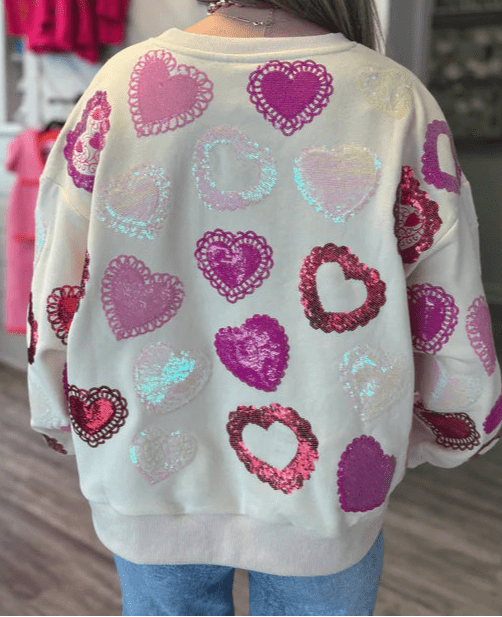 Queen of Sparkles Sweatshirt Multi Doily Heart V-Neck Sweatshirt