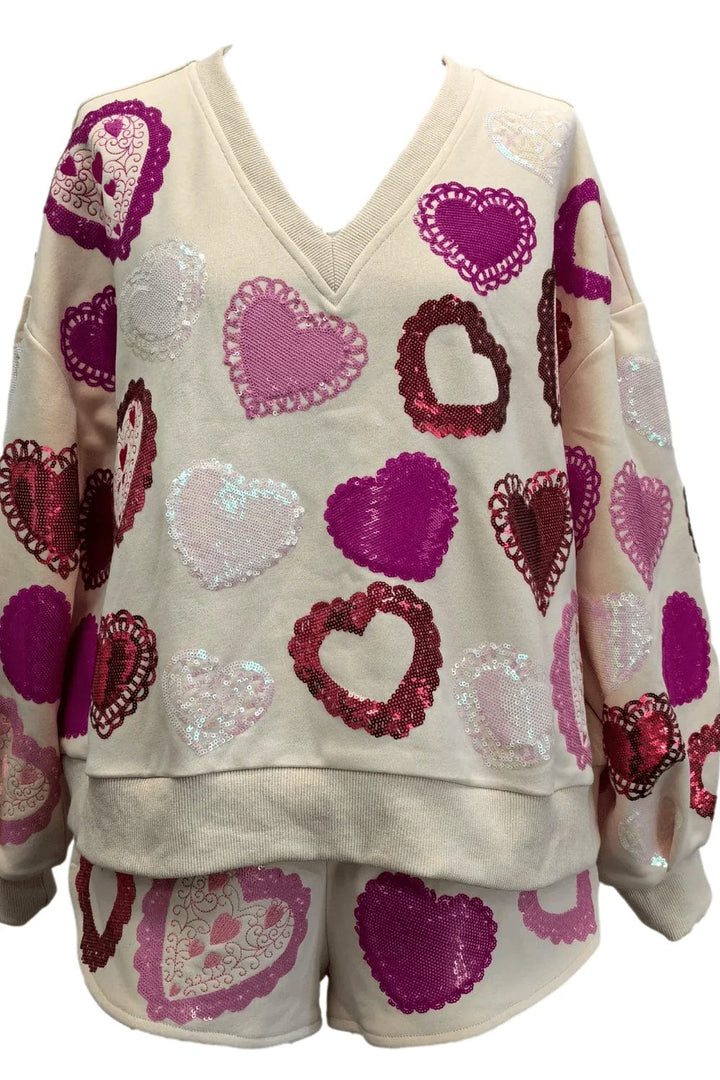 Queen of Sparkles Sweatshirt Multi Doily Heart V-Neck Sweatshirt