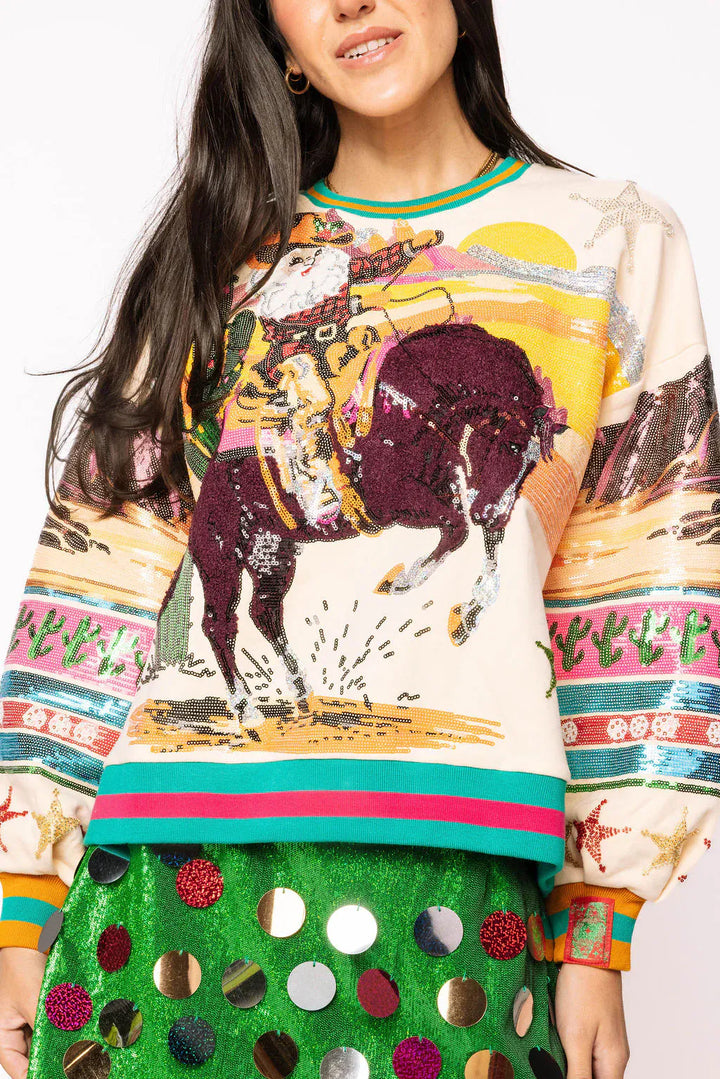 Queen of Sparkles Sweatshirt Multi Vintage Cowboy Santa Sweatshirt