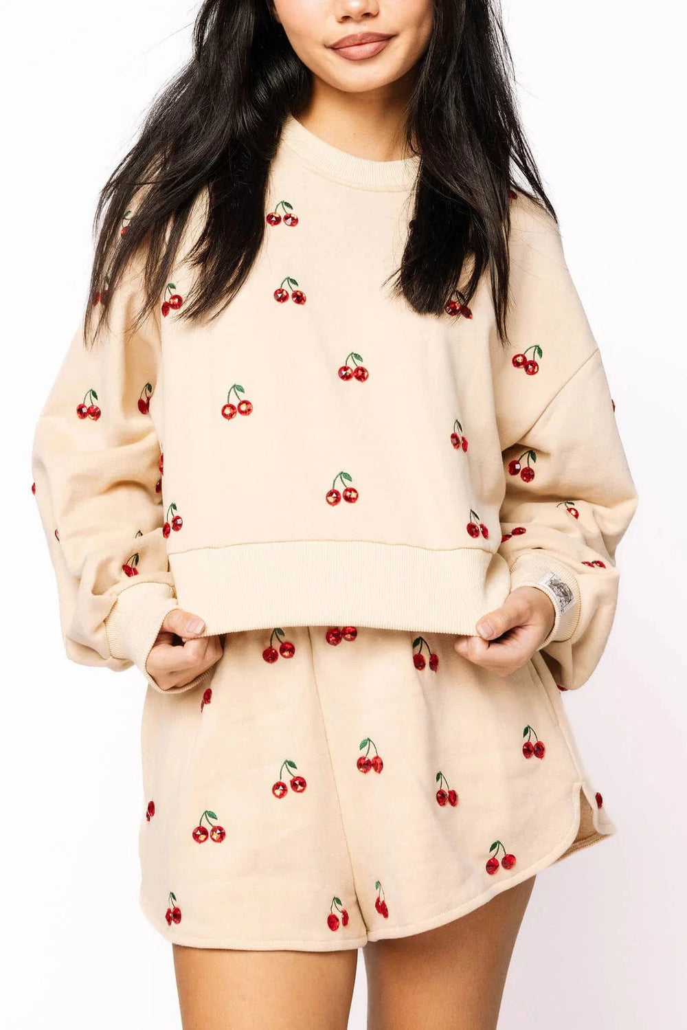 Queen of Sparkles Sweatshirt Tan Jeweled Cherry Sweatshirt