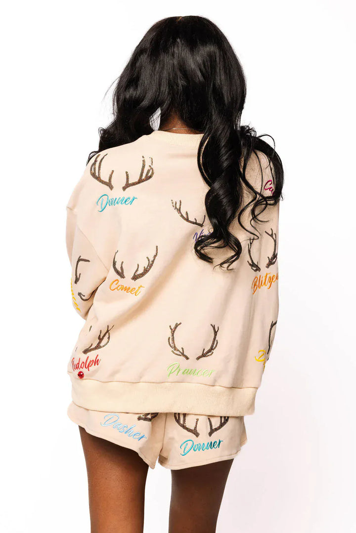 Queen of Sparkles Sweatshirt Tan Reindeer Name & Antlers Sweatshirt