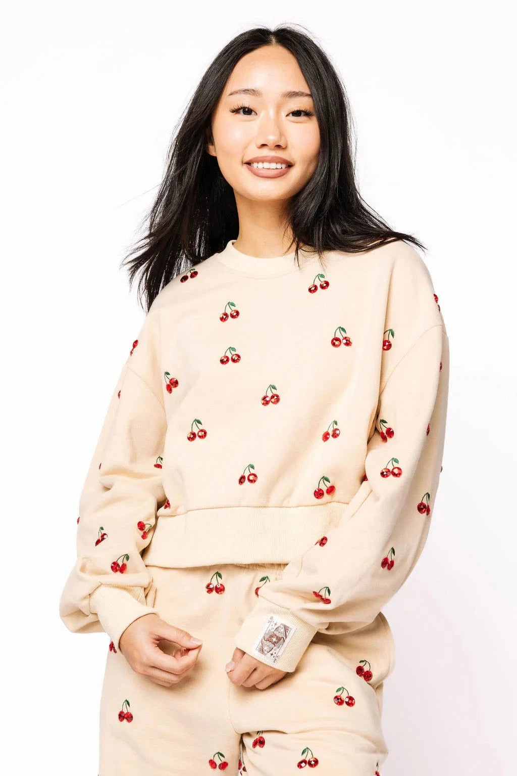Queen of Sparkles Sweatshirt Tan / XS Tan Jeweled Cherry Sweatshirt