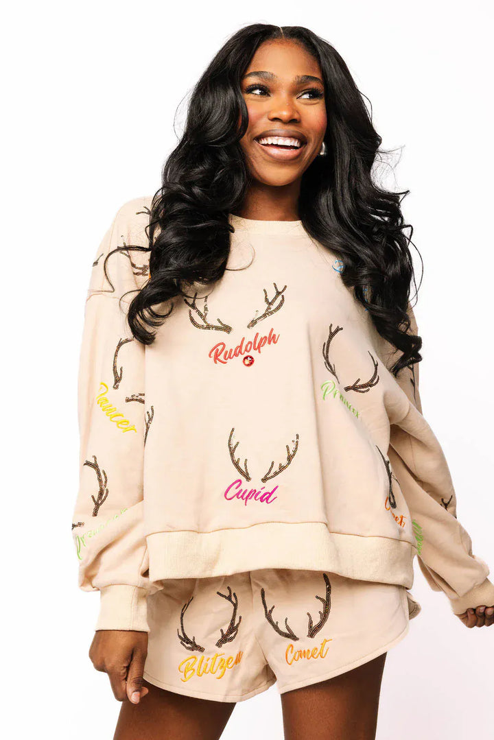 Queen of Sparkles Sweatshirt Tan / XS Tan Reindeer Name & Antlers Sweatshirt