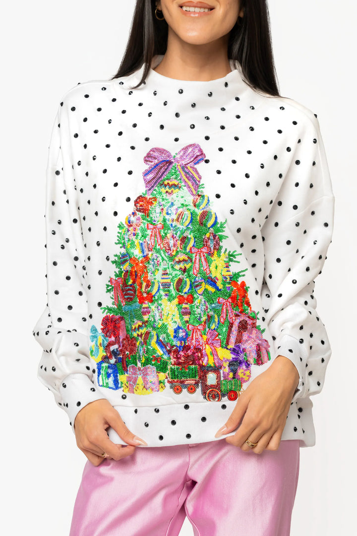 Queen of Sparkles Sweatshirt White &amp; Black / XS Polka Dot Multi Christmas Tree Mockneck Sweatshirt