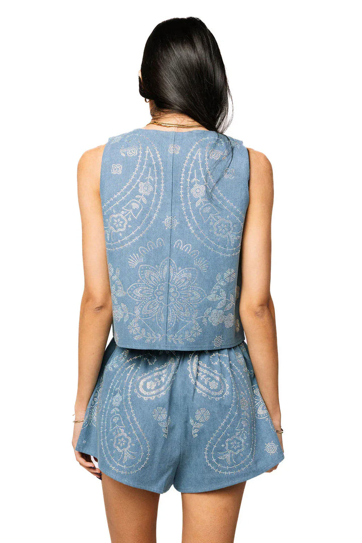 Queen of Sparkles Tank Denim Sequin Paisley Print Tie Tank