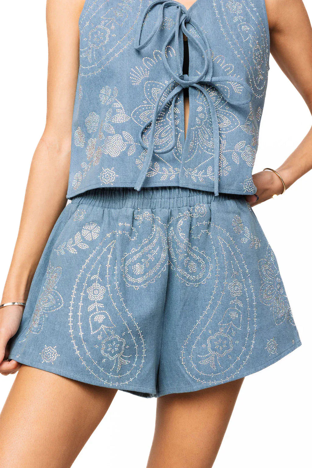 Queen of Sparkles Tank Denim Sequin Paisley Print Tie Tank