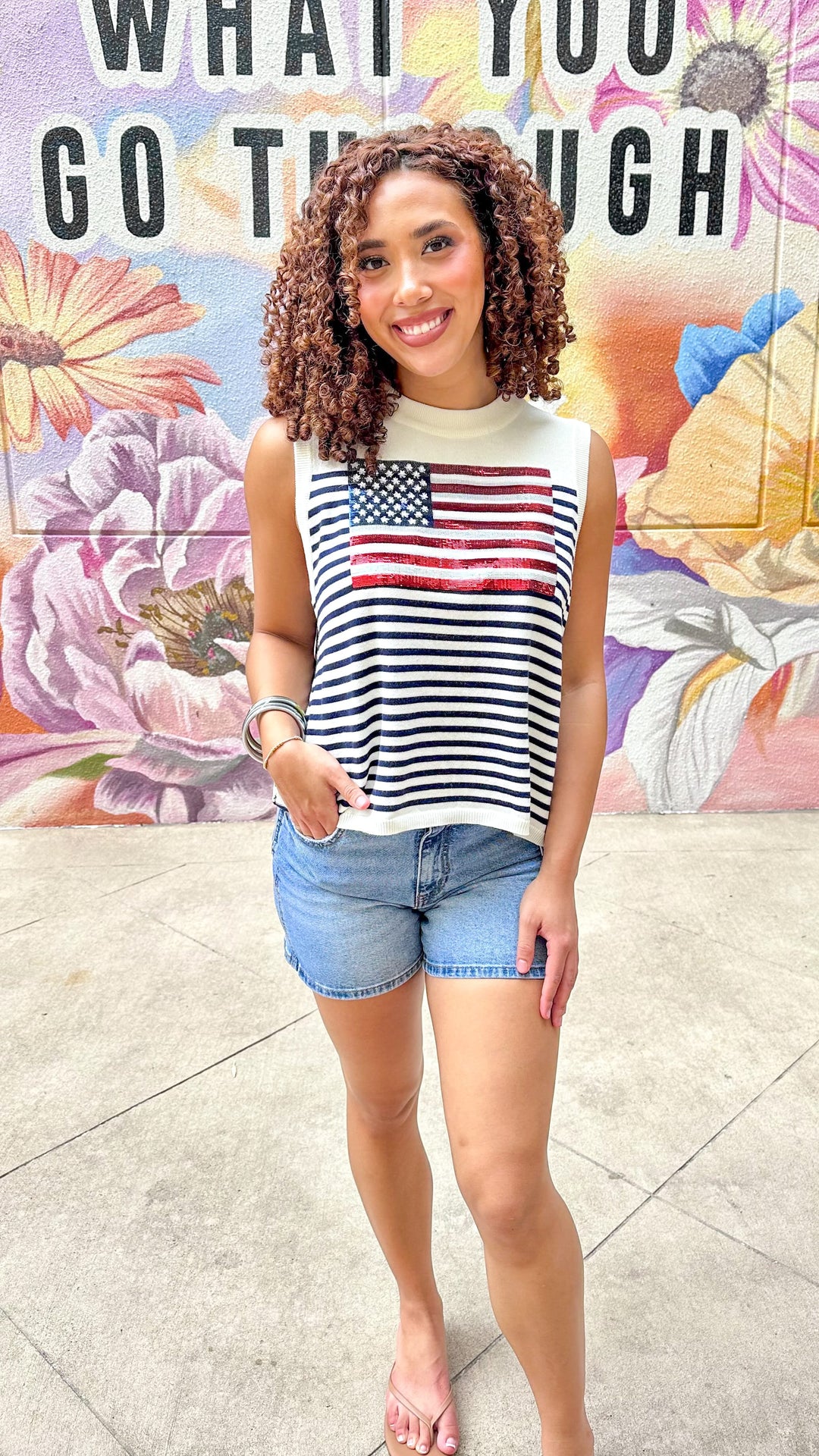 Knit American Flag Stripe Tank top by Queen of Sparkles featuring red, white, and blue patriotic stripes and a sleeveless design.