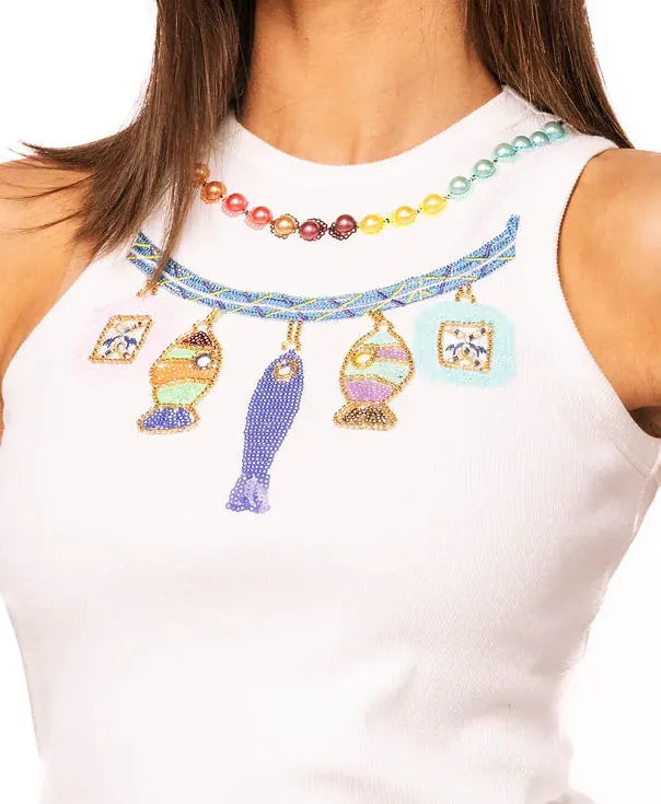 Rainbow charm tank top by Queen of Sparkles, featuring colorful rainbow charms on a stylish sleeveless tank shirt.